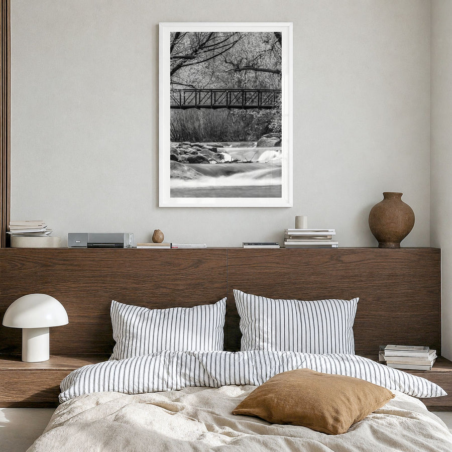 Boulder Photo No 2 Poster in a white wood frame, hanging in a bedroom, white border