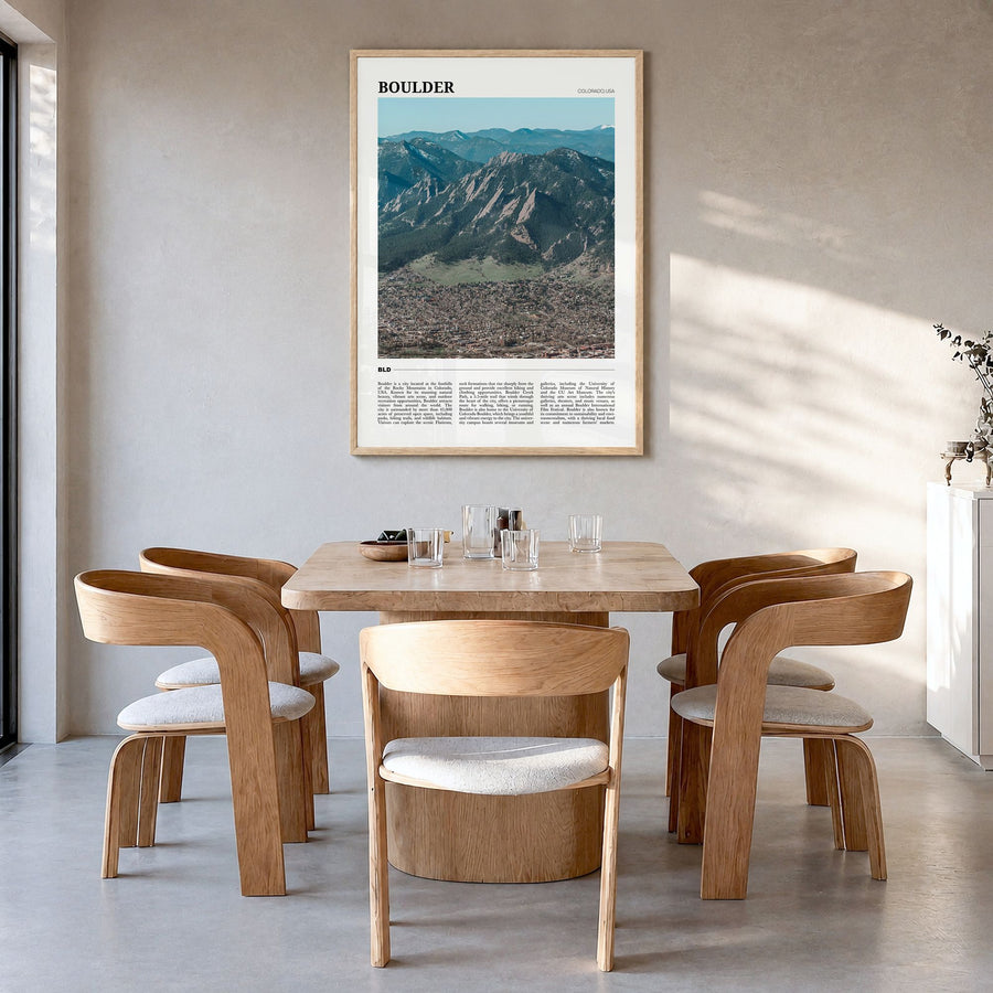 Boulder Travel No 1 Poster in a natural wood frame, hanging in a dining room