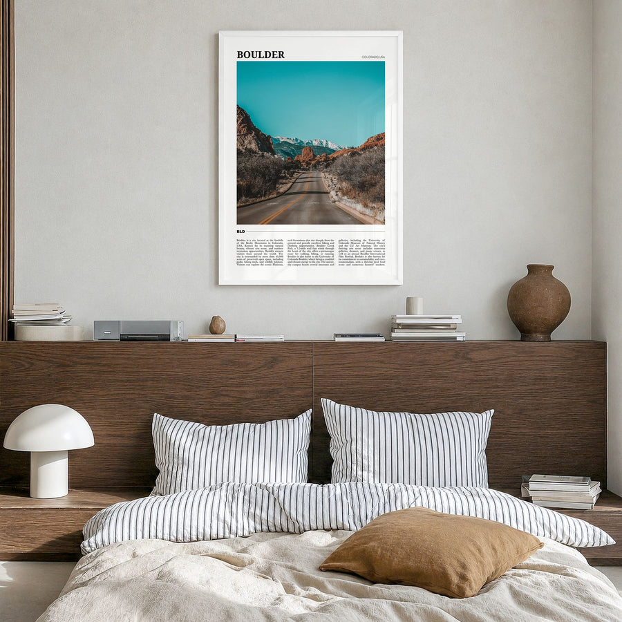 Boulder Travel No 3 Poster in a white wood frame, hanging in a bedroom