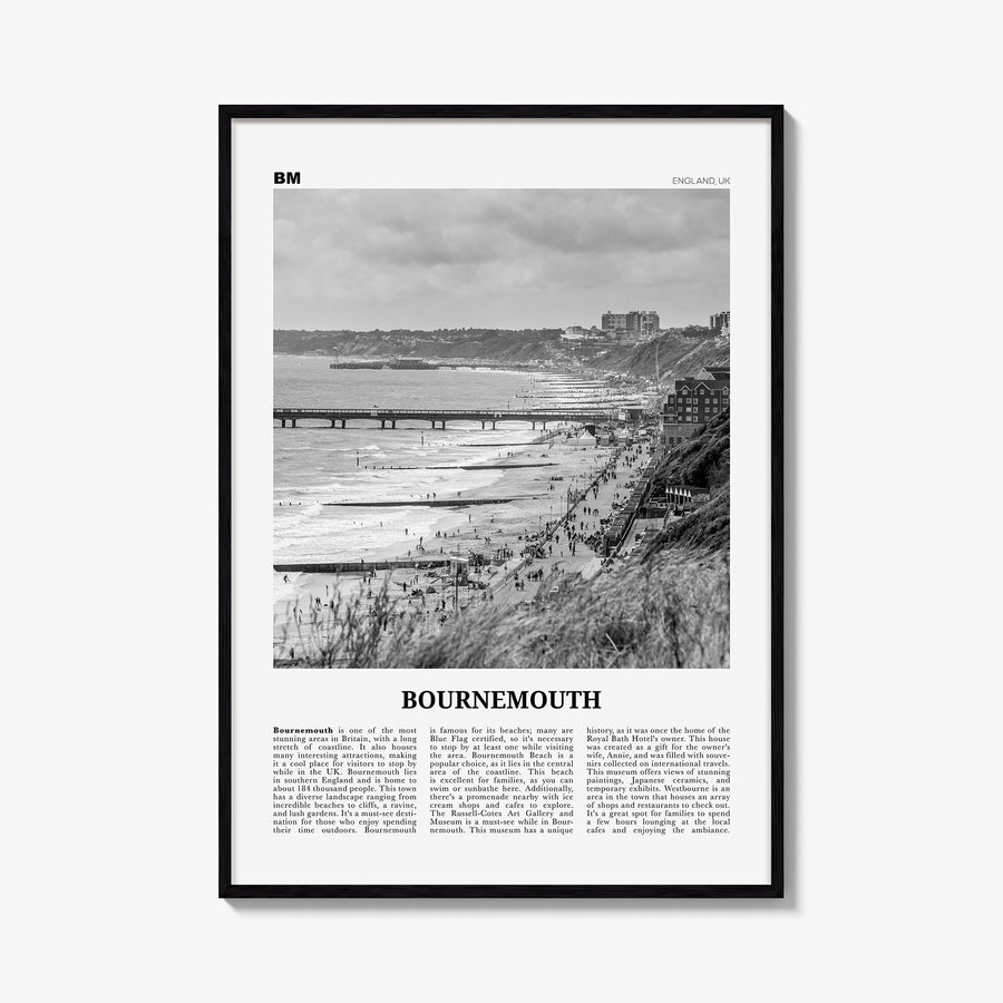 Bournemouth black & white newspaper poster of England, UK – vertical wall art, unframed print shown in interior mockup