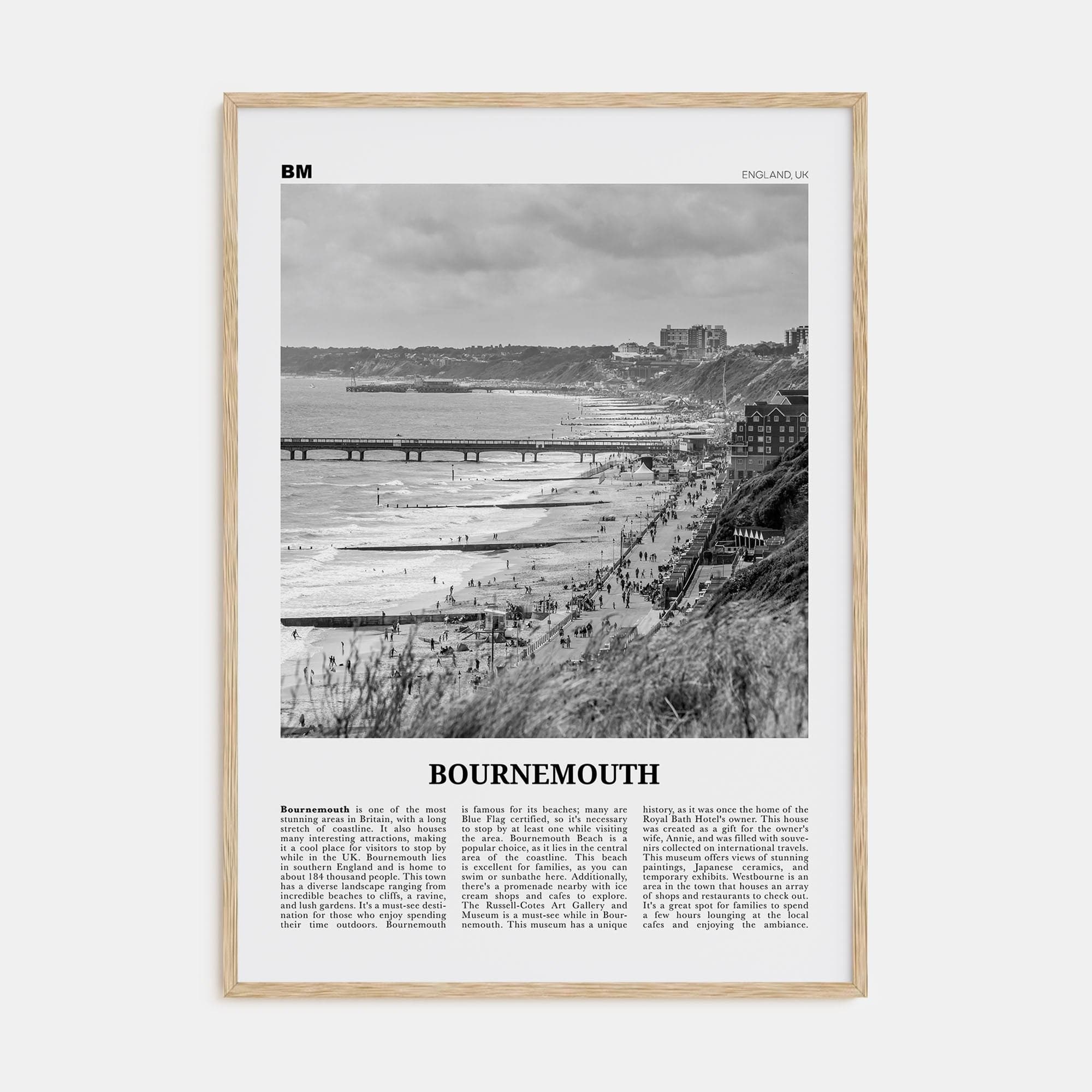 Bournemouth Poster Natural Wood / 8x12 in Nbourhood Travel B&W Poster