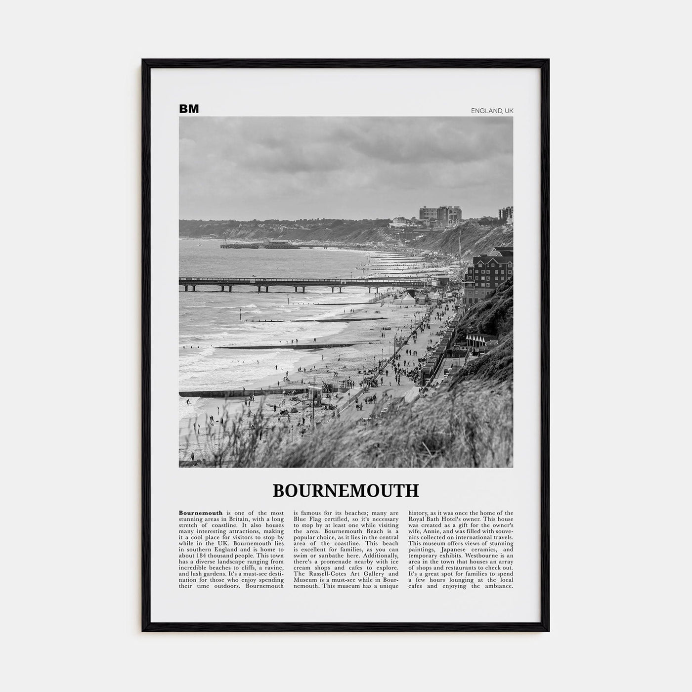 Bournemouth Poster Black Wood / 8x12 in Nbourhood Travel B&W Poster