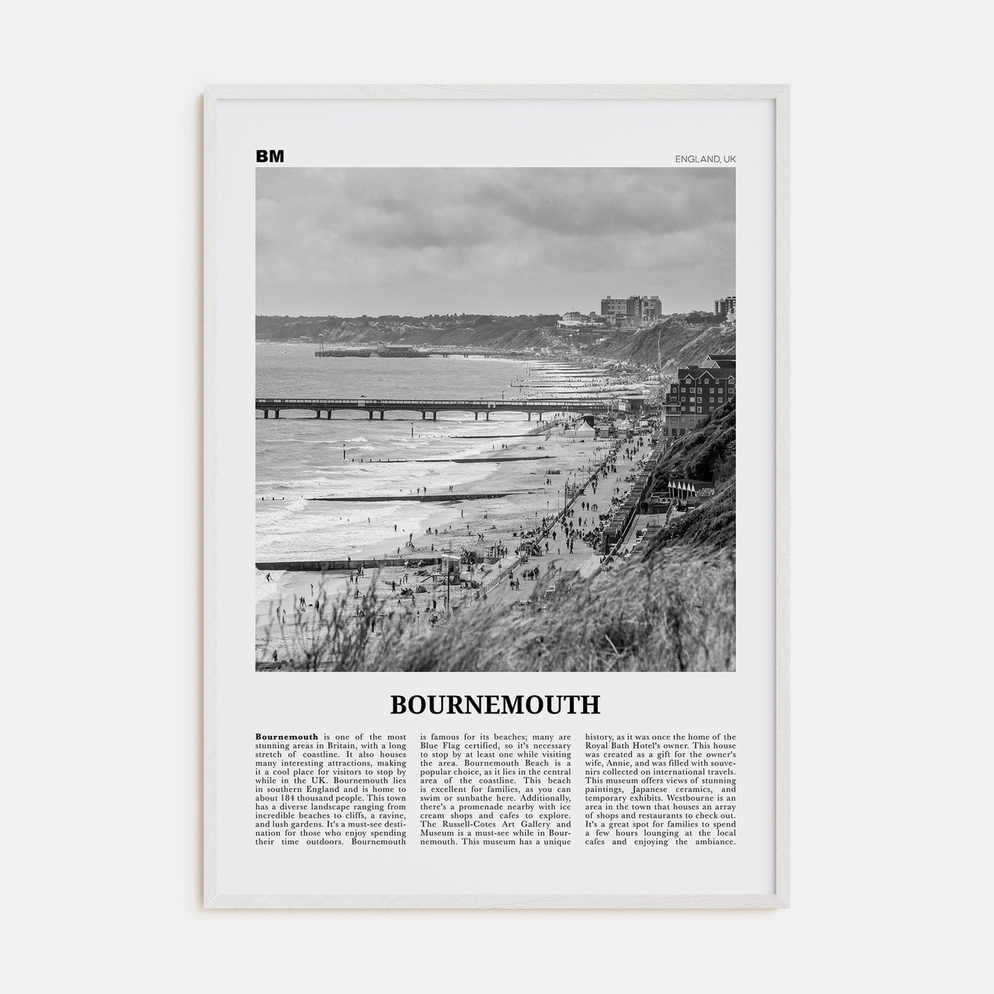 Bournemouth Poster White Wood / 8x12 in Nbourhood Travel B&W Poster