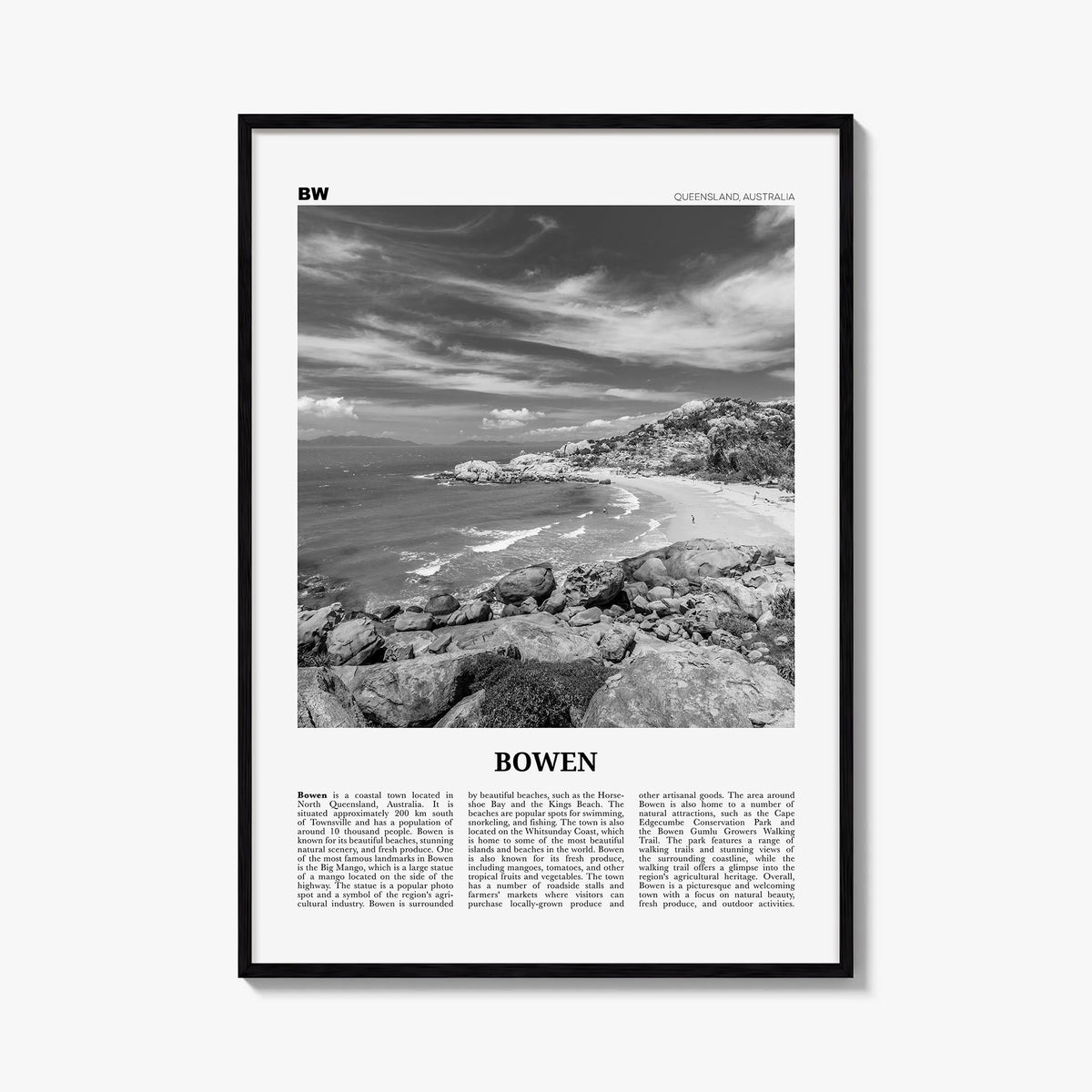 Bowen black & white newspaper poster of Australia – vertical wall art, unframed print shown in interior mockup