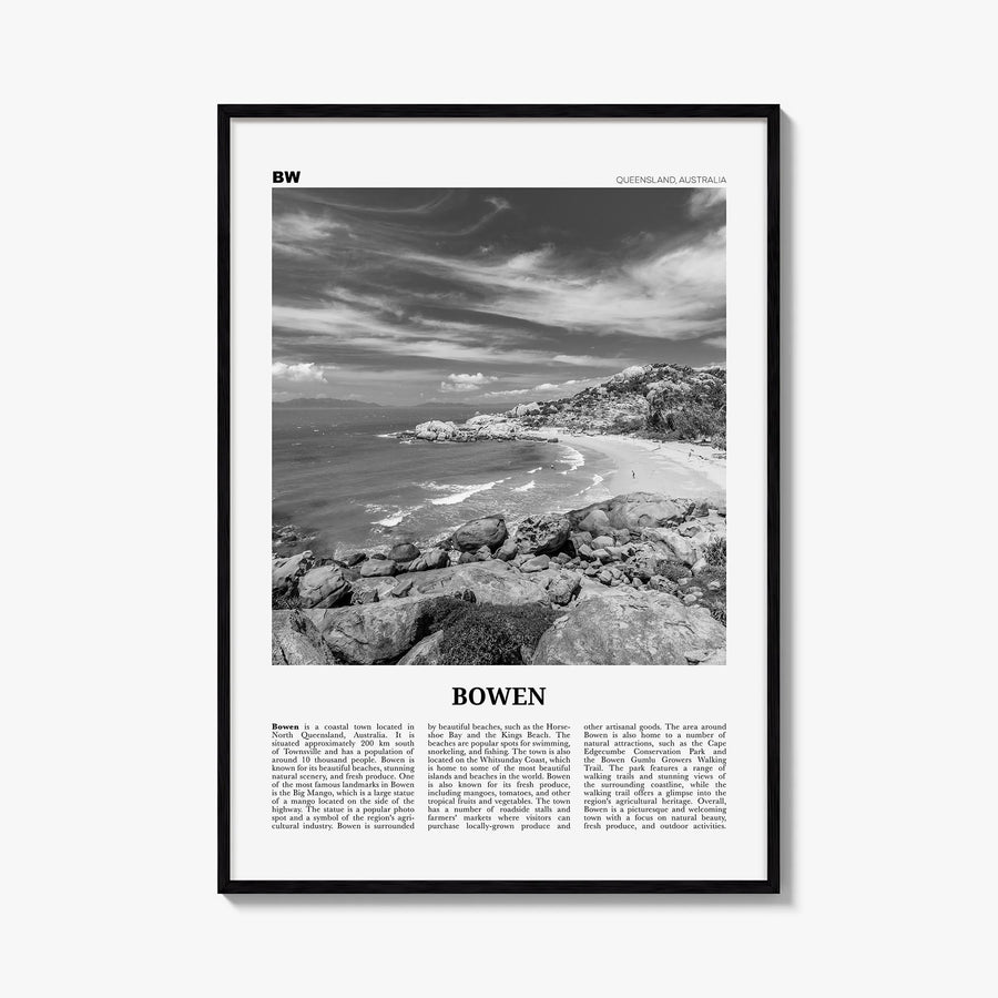 Bowen black & white newspaper poster of Australia – vertical wall art, unframed print shown in interior mockup