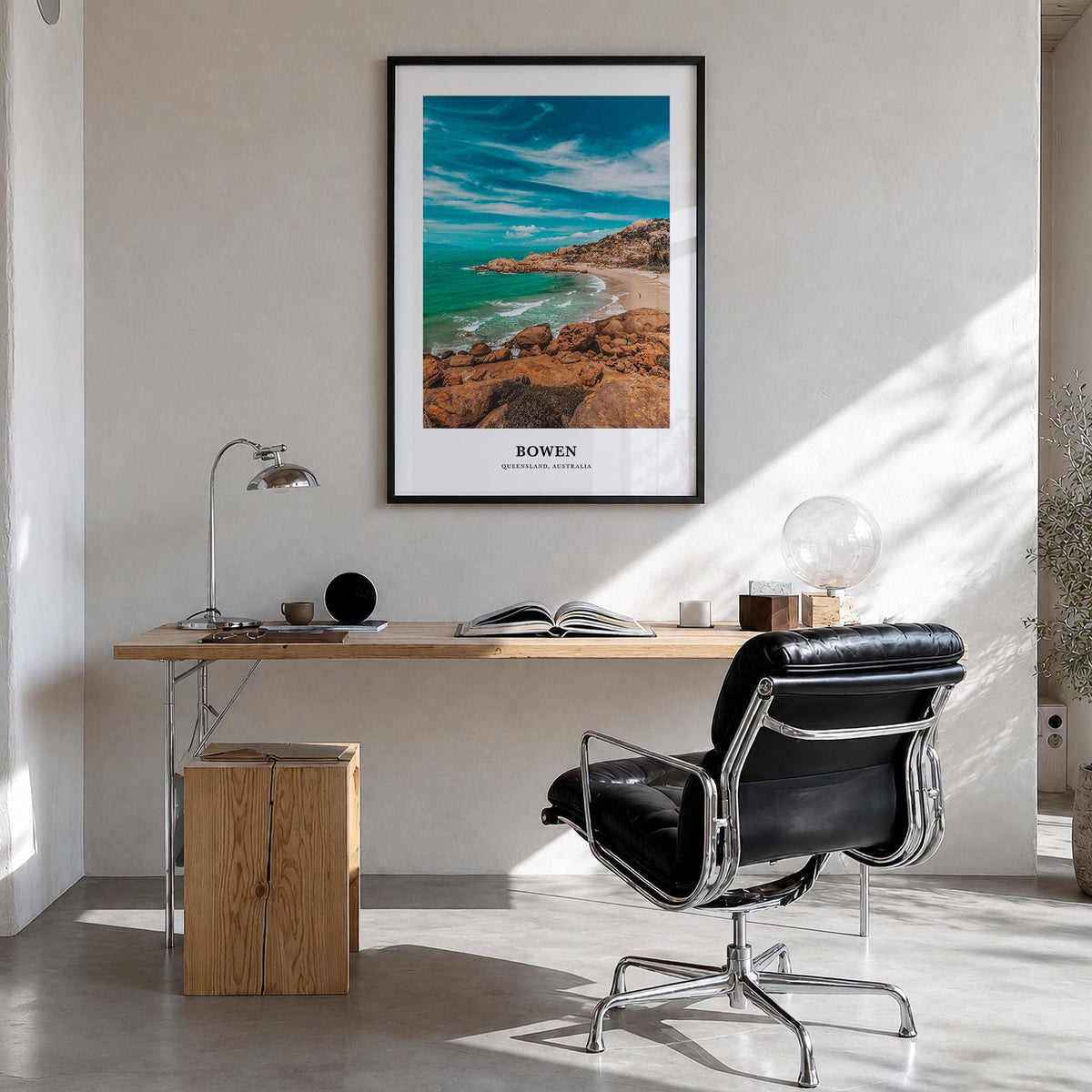 Bowen colorful classic poster of Australia – vertical wall art in black wood frame, hanging on wall
