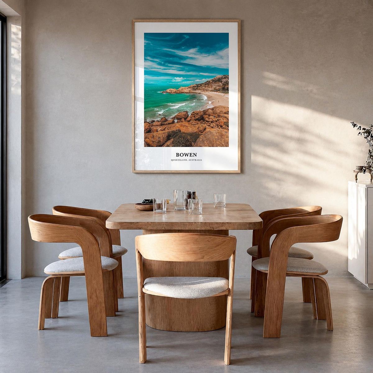 Bowen colorful classic poster of Australia – vertical wall art in natural wood frame, hanging on wall