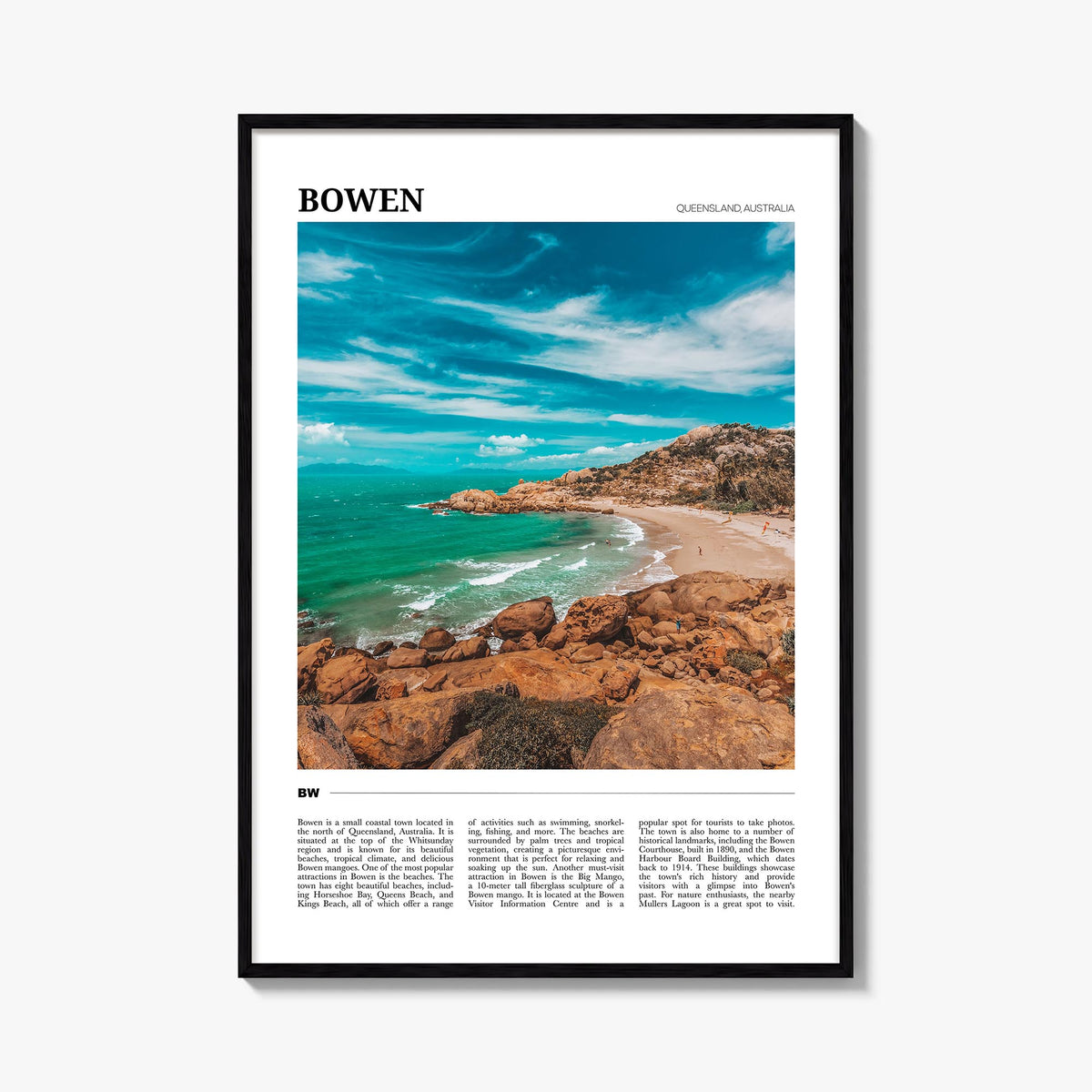 Bowen colorful travel poster of Australia – vertical wall art, unframed print shown in interior mockup