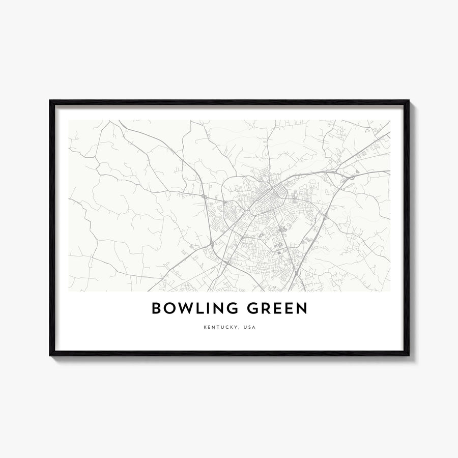 Bowling Green, Kentucky black & white map poster of Kentucky, USA – horizontal wall art, unframed print shown in interior moc