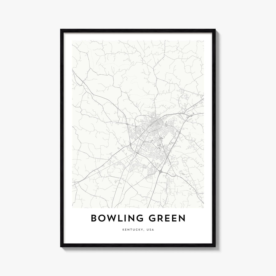 Bowling Green, Kentucky black & white map poster of Kentucky, USA – vertical wall art, unframed print shown in interior mocku