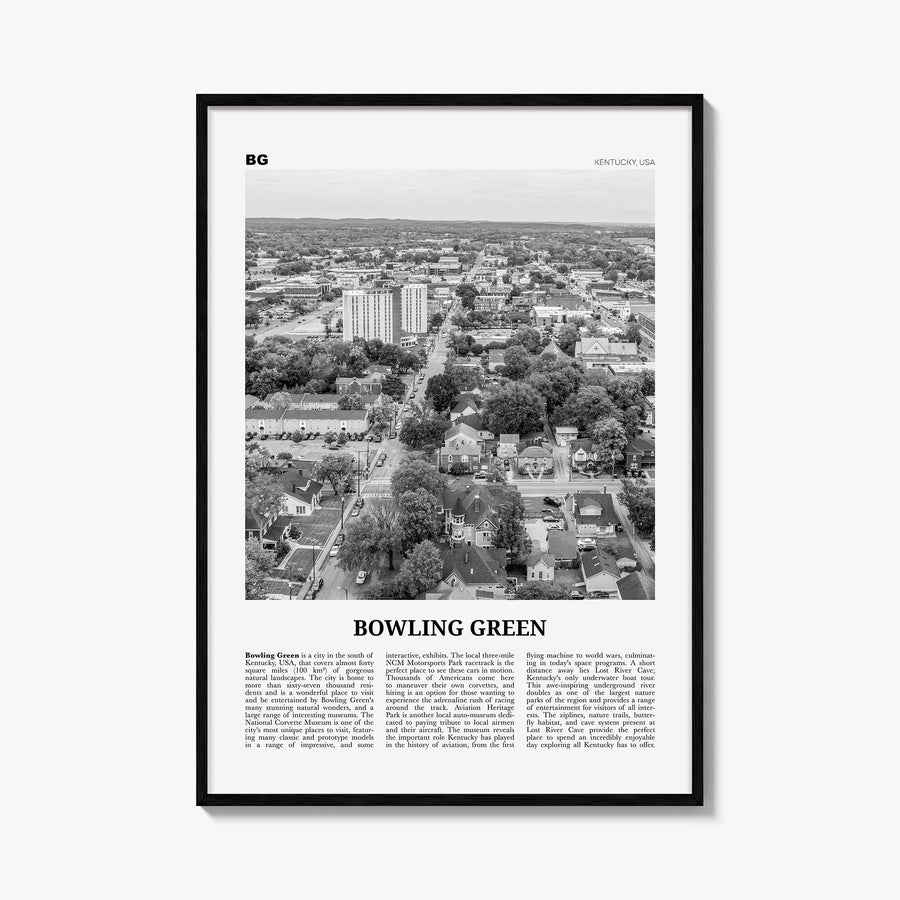 Bowling Green, Kentucky black & white newspaper poster of Kentucky, USA – vertical wall art, unframed print shown in interior