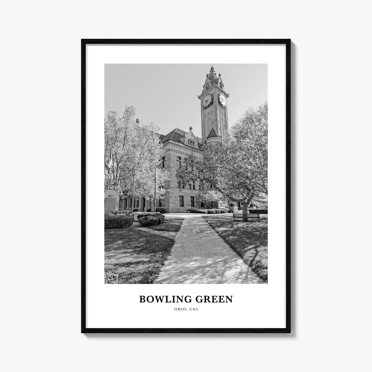 Bowling Green, Ohio black & white classic poster of Ohio, USA – vertical wall art, unframed print shown in interior mockup
