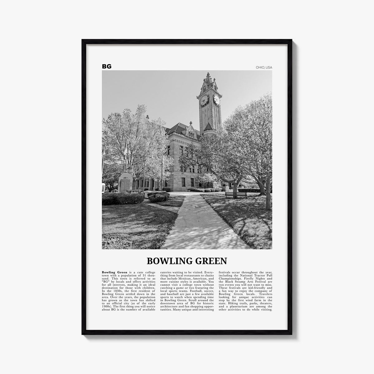 Bowling Green, Ohio black & white newspaper poster of Ohio, USA – vertical wall art, unframed print shown in interior mockup
