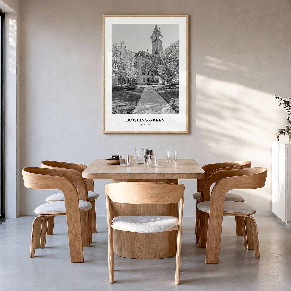 Bowling Green, Ohio Classic Poster in a natural wood frame, hanging in a dining room