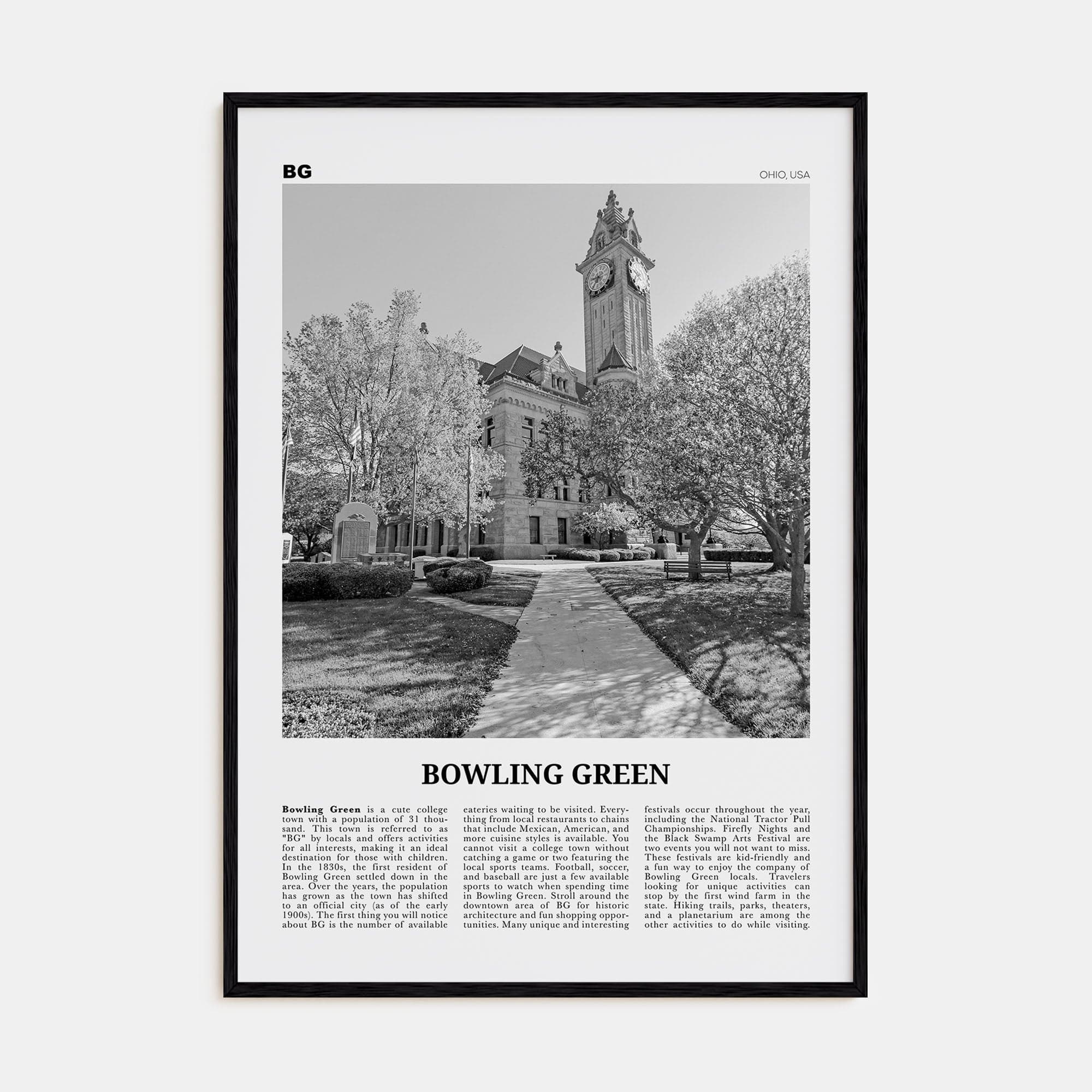 Bowling Green, Ohio Poster Black Wood / 8x12 in Nbourhood Travel B&W Poster