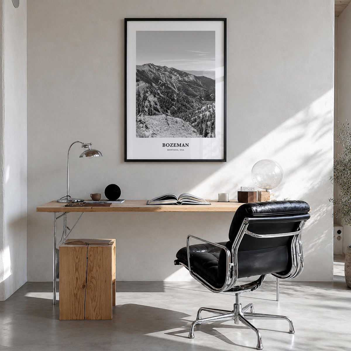 Bozeman black & white classic poster of Montana, USA – vertical wall art in black wood frame, hanging on wall