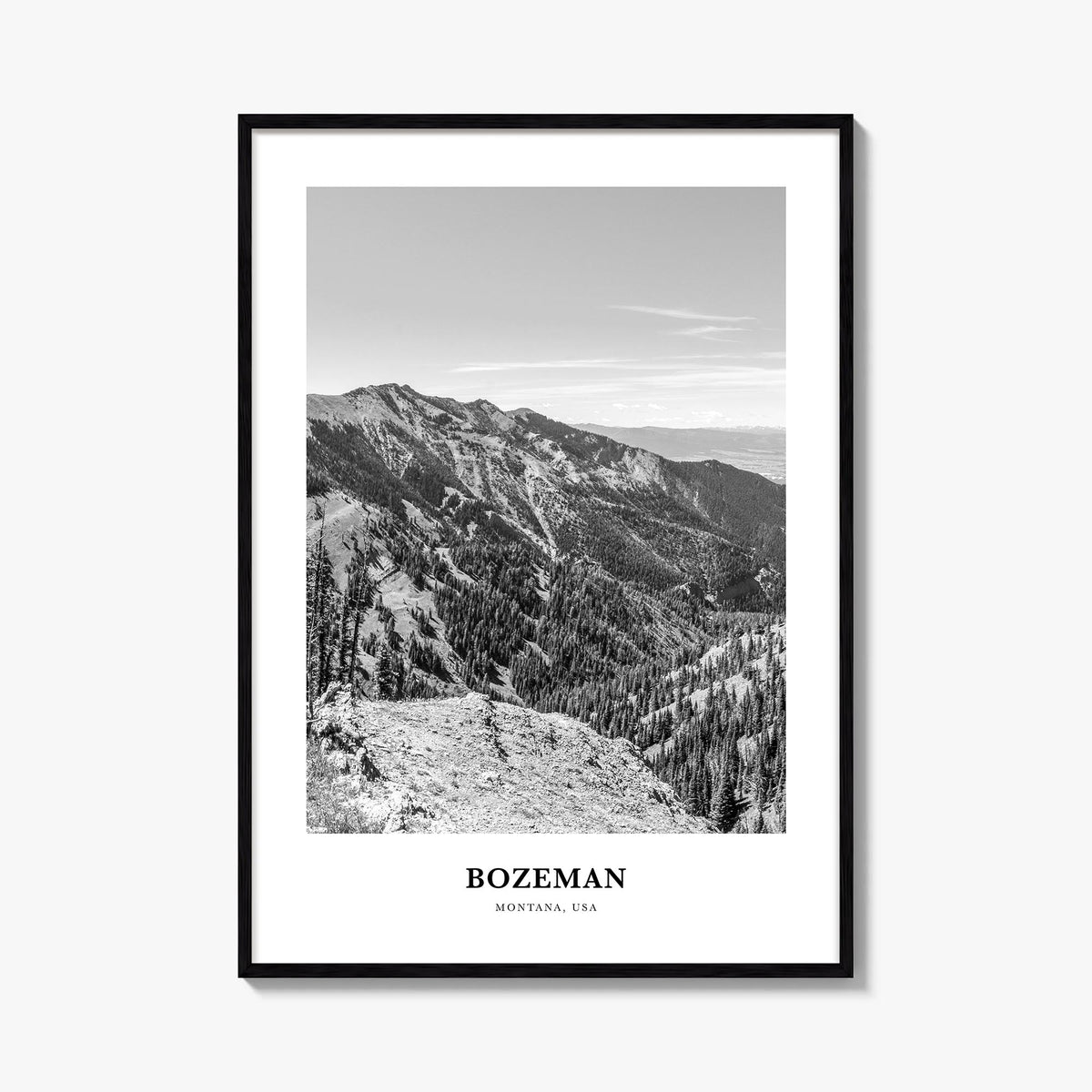 Bozeman black & white classic poster of Montana, USA – vertical wall art, unframed print shown in interior mockup