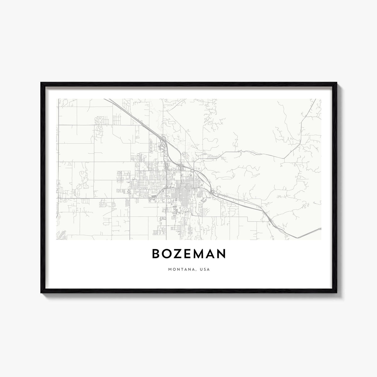 Bozeman black & white map poster of Montana, USA – horizontal wall art, unframed print shown in interior mockup