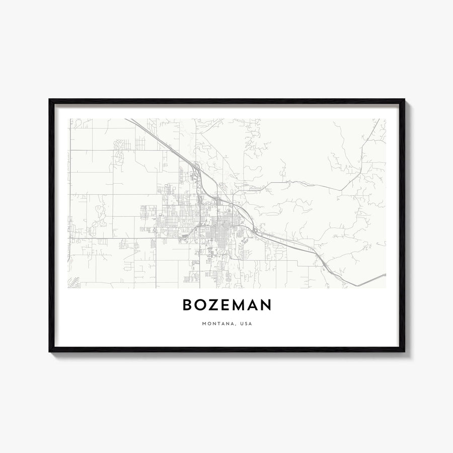 Bozeman black & white map poster of Montana, USA – horizontal wall art, unframed print shown in interior mockup
