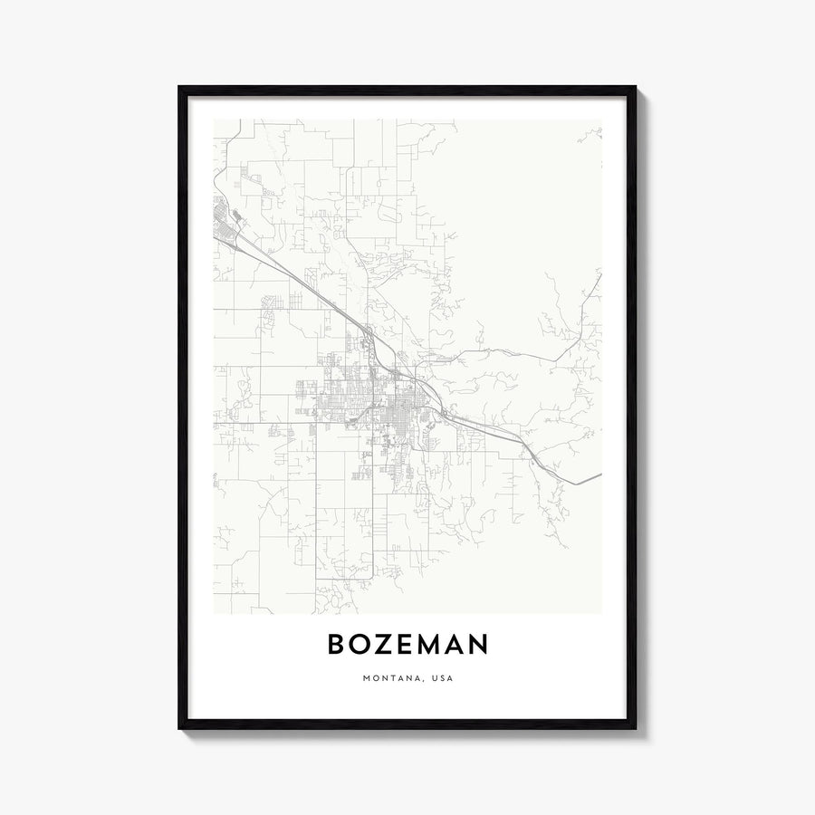 Bozeman black & white map poster of Montana, USA – vertical wall art, unframed print shown in interior mockup