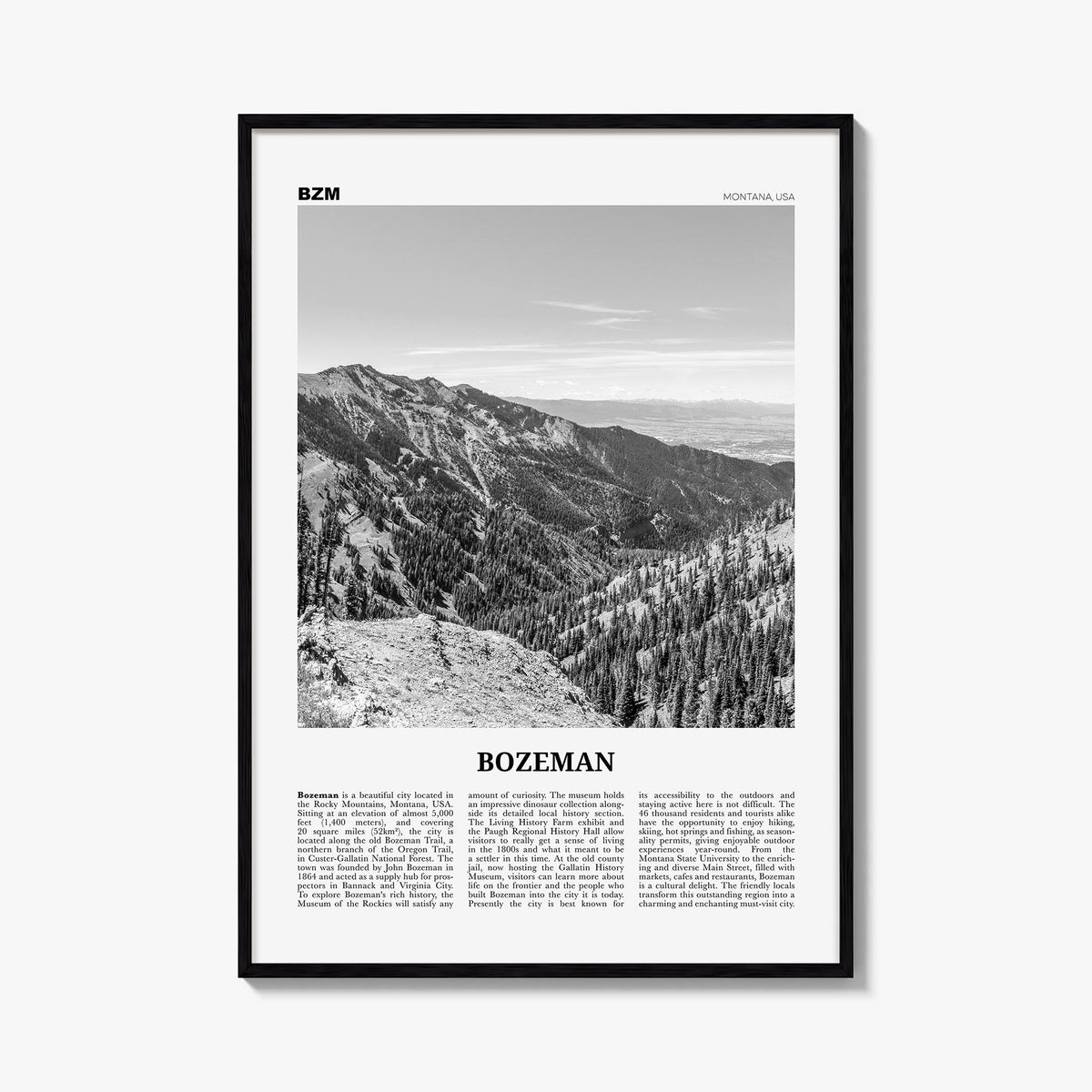 Bozeman black & white newspaper poster of Montana, USA – vertical wall art, unframed print shown in interior mockup