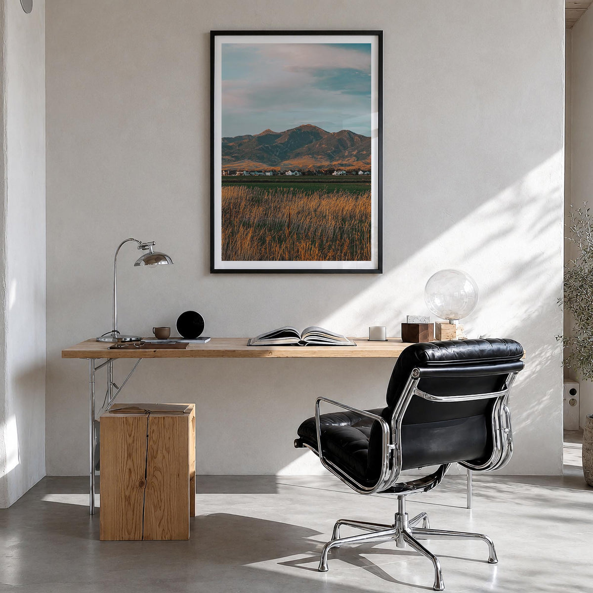 Bozeman colorful photo poster of Montana, USA – vertical wall art in black wood frame with white border, hanging on wall