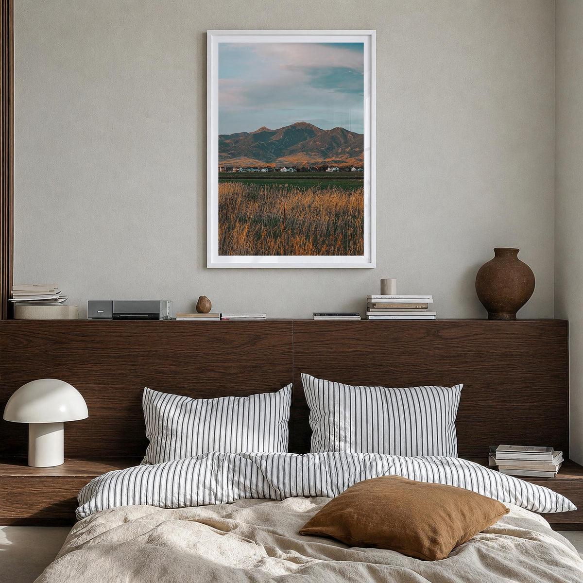 Bozeman colorful photo poster of Montana, USA – vertical wall art in white wood frame with white border, hanging on wall