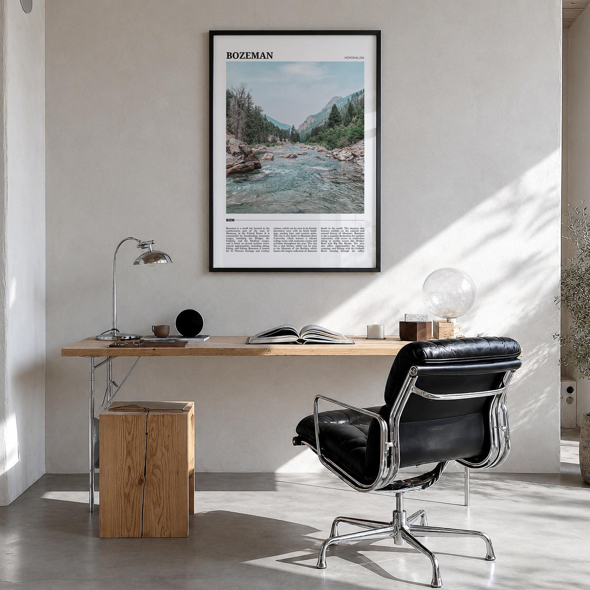Bozeman colorful travel poster of Montana, USA – vertical wall art in black wood frame, hanging on wall