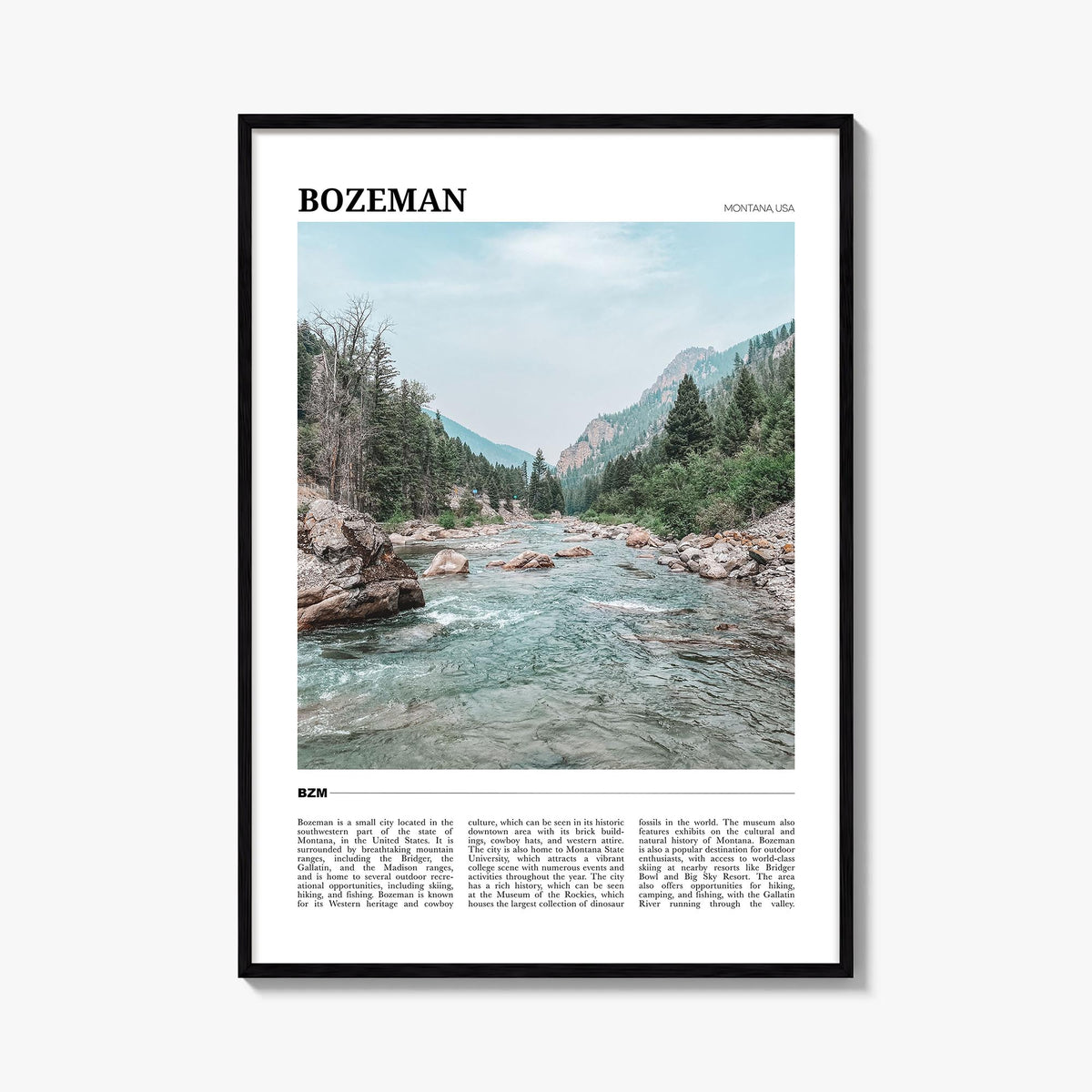 Bozeman colorful travel poster of Montana, USA – vertical wall art, unframed print shown in interior mockup