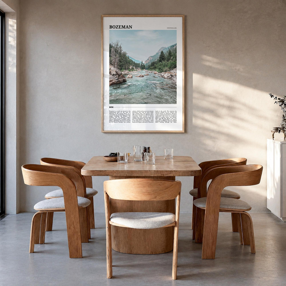 Bozeman colorful travel poster of Montana, USA – vertical wall art in natural wood frame, hanging on wall