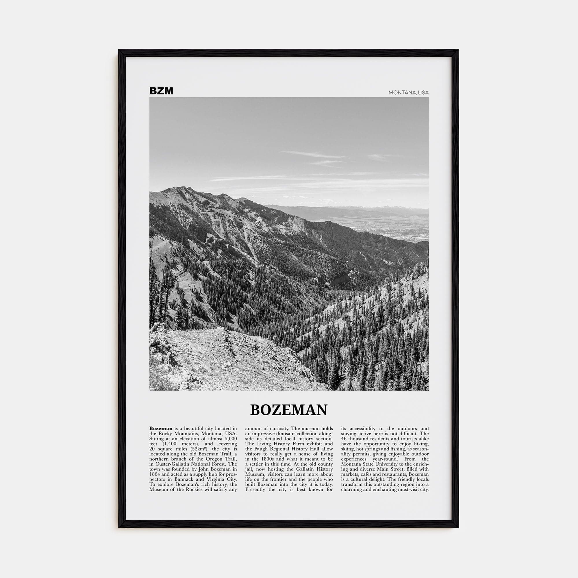 Bozeman Poster Black Wood / 8x12 in Nbourhood Travel B&W Poster