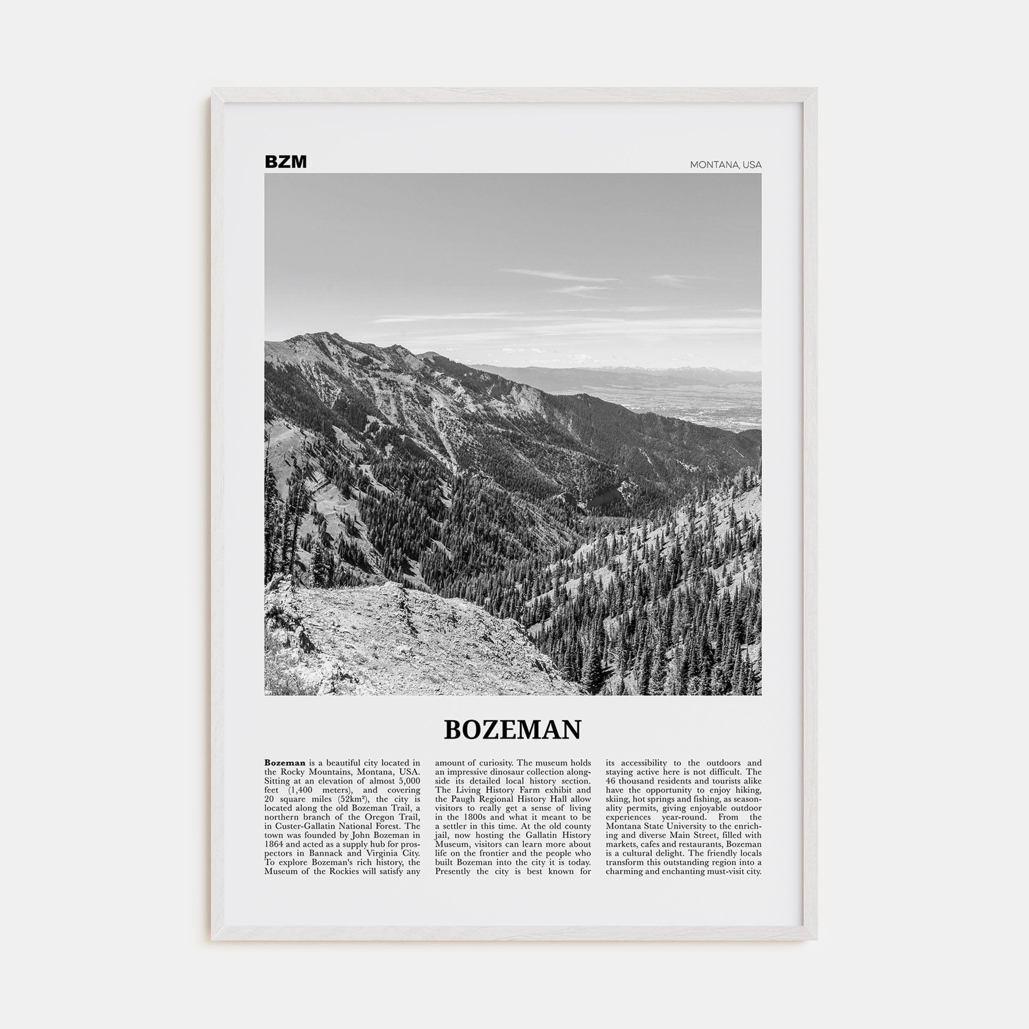 Bozeman Poster White Wood / 8x12 in Nbourhood Travel B&W Poster