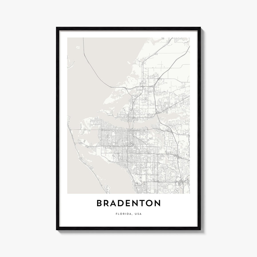 Bradenton black & white map poster of Florida, USA – vertical wall art, unframed print shown in interior mockup