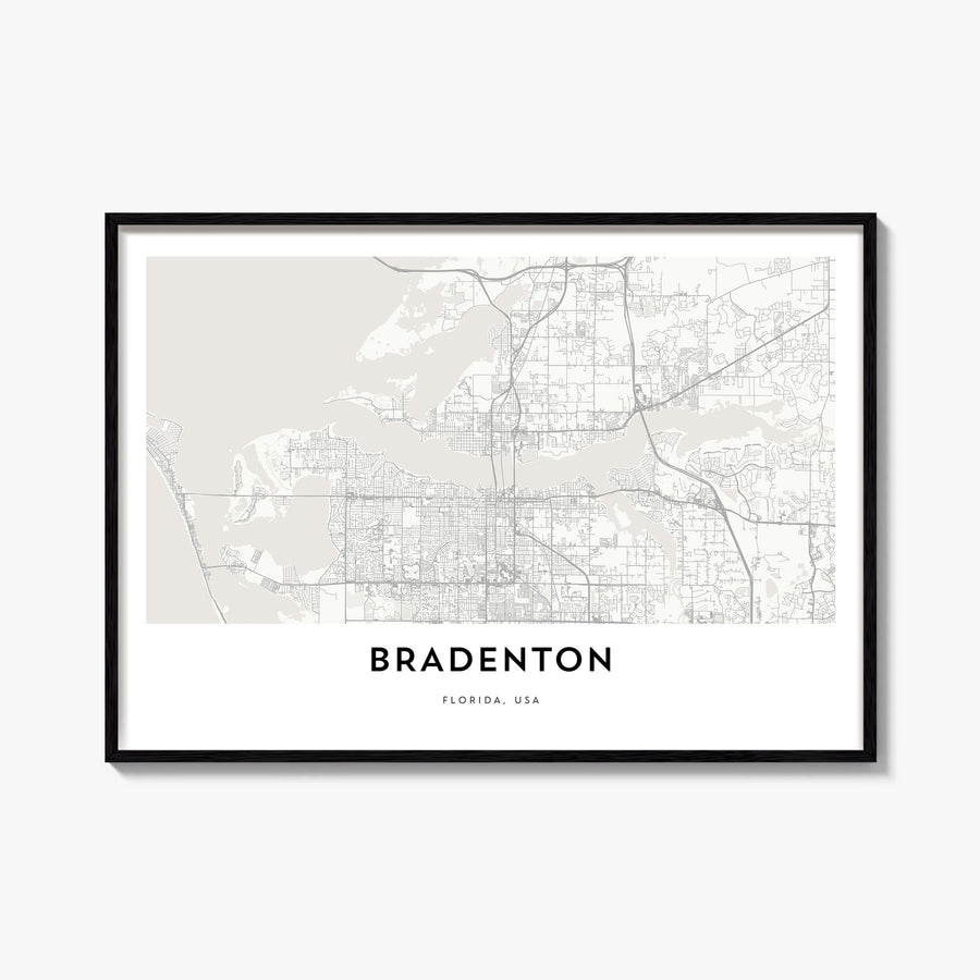Bradenton black & white map poster of Florida, USA – horizontal wall art, unframed print shown in interior mockup