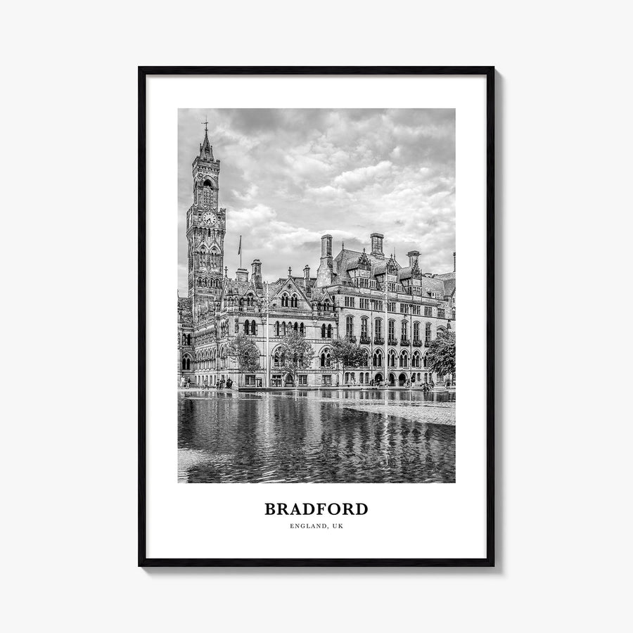 Bradford black & white classic poster of England, UK – vertical wall art, unframed print shown in interior mockup