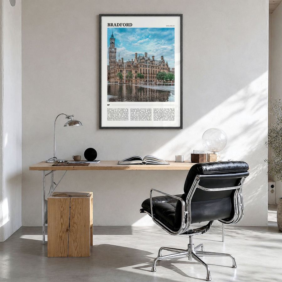 Bradford Travel Poster in a black wood frame, hanging in a bright home office