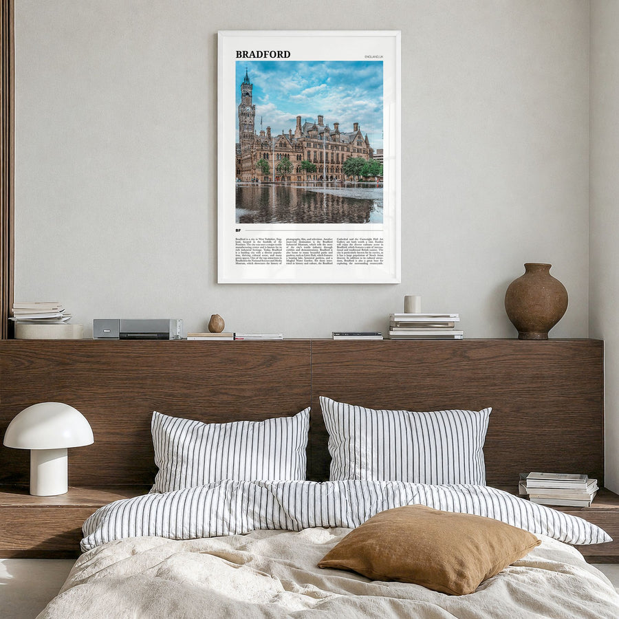 Bradford Travel Poster in a white wood frame, hanging in a bedroom