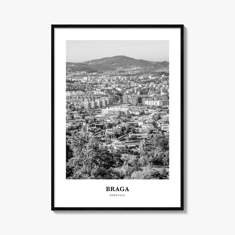Braga black & white classic poster of Portugal – vertical wall art, unframed print shown in interior mockup