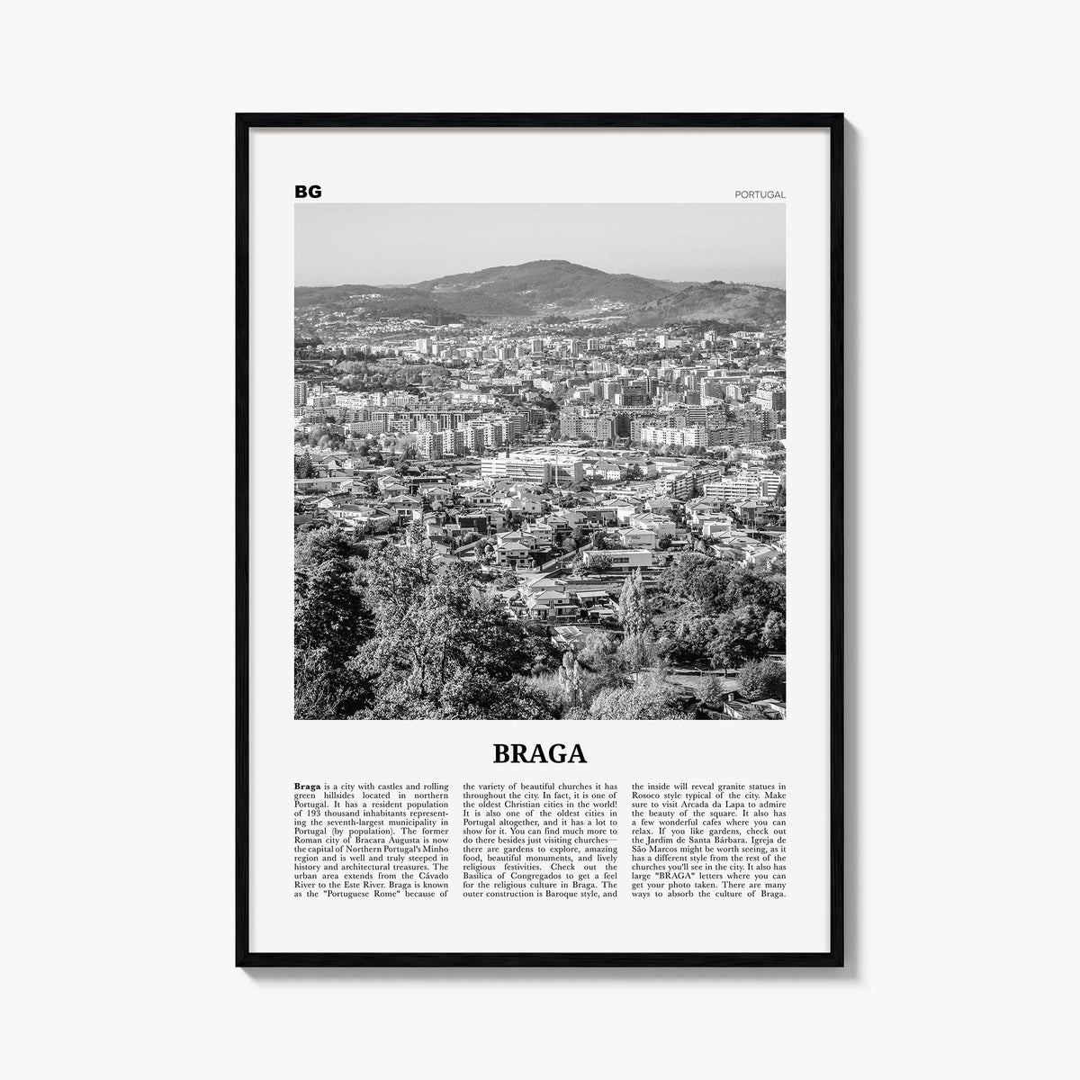 Braga black & white newspaper poster of Portugal – vertical wall art, unframed print shown in interior mockup