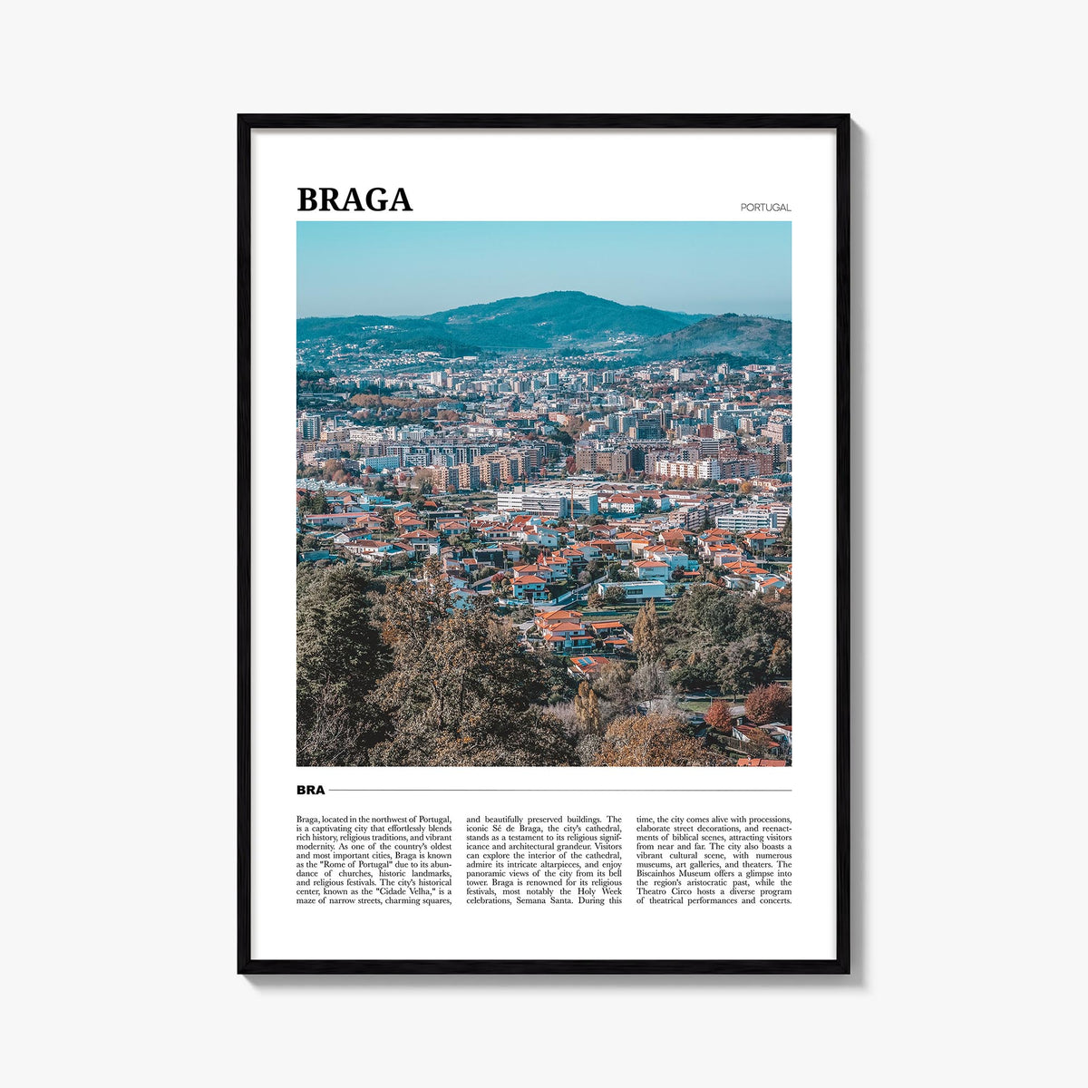 Braga colorful travel poster of Portugal – vertical wall art, unframed print shown in interior mockup