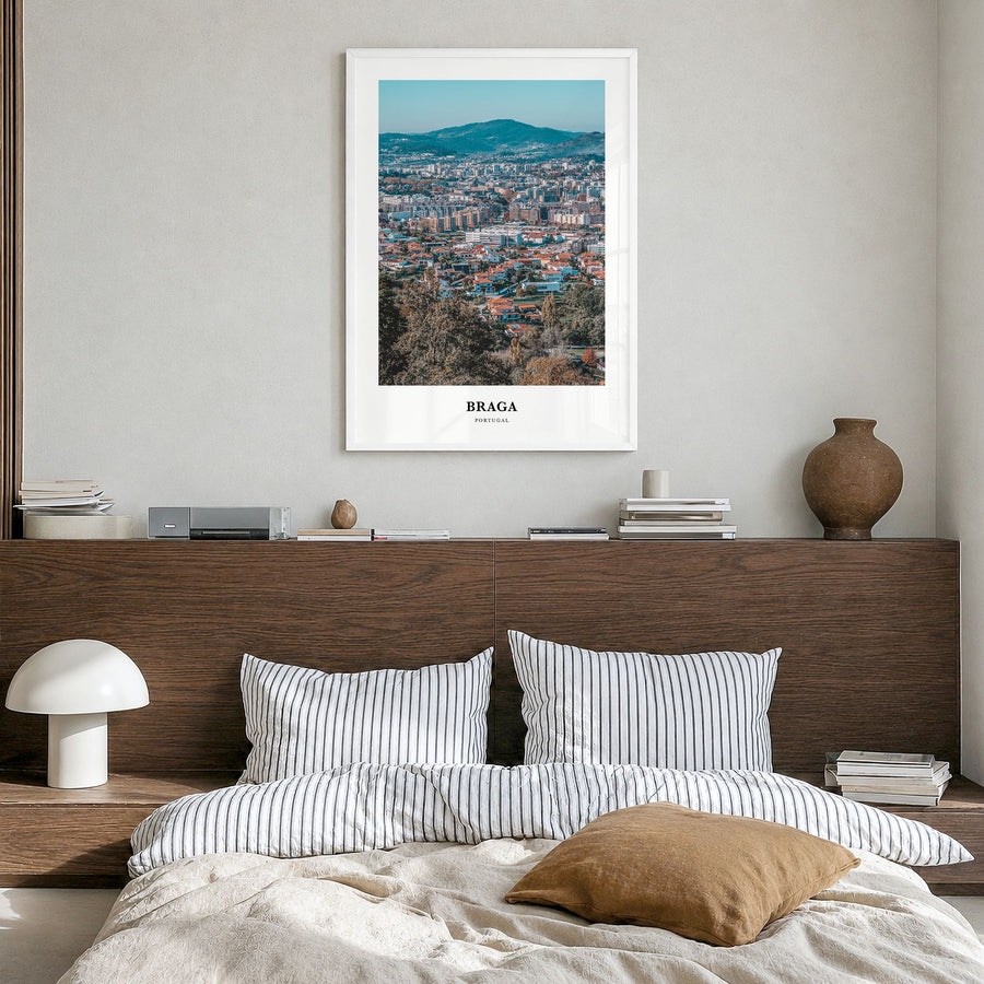 Braga Classic Poster in a white wood frame, hanging in a bedroom
