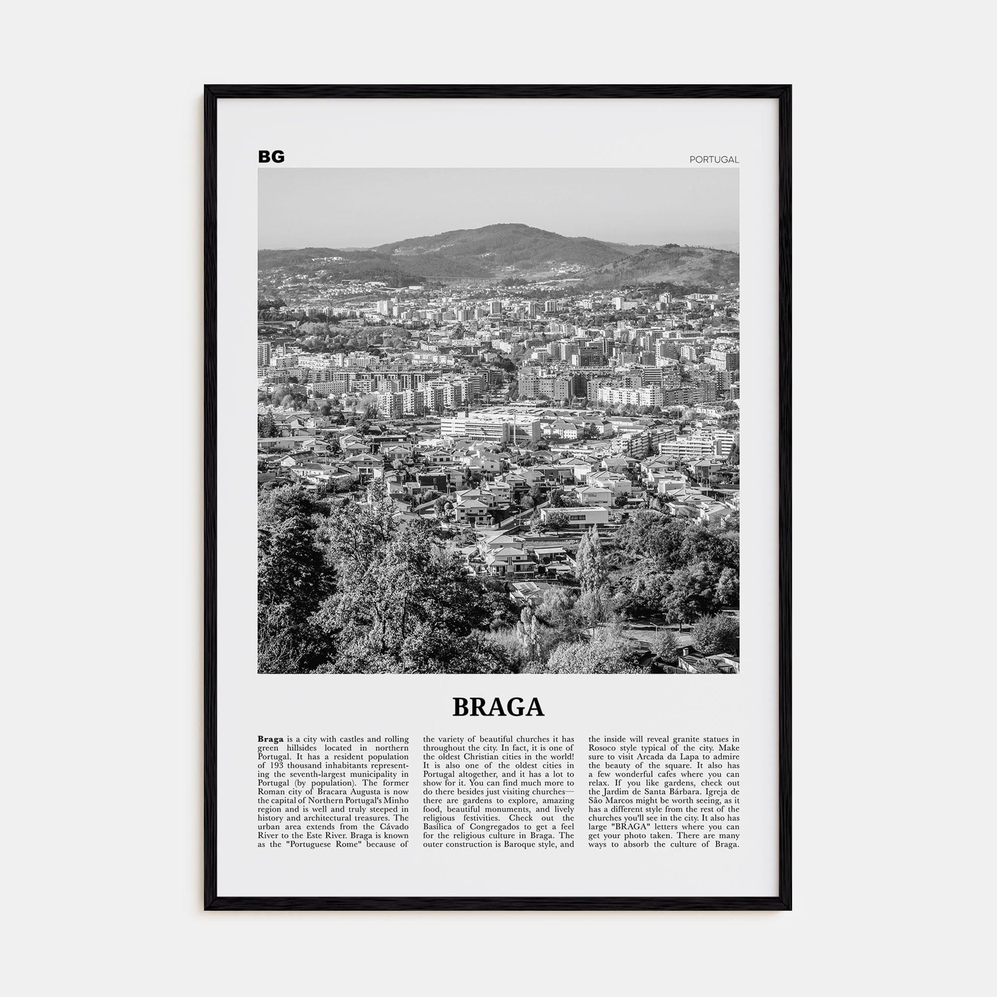 Braga Poster Black Wood / 8x12 in Nbourhood Travel B&W Poster