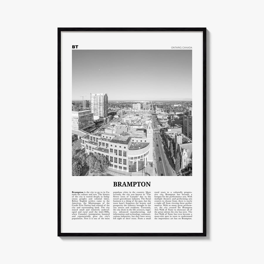 Brampton black & white newspaper poster of Canada – vertical wall art, unframed print shown in interior mockup