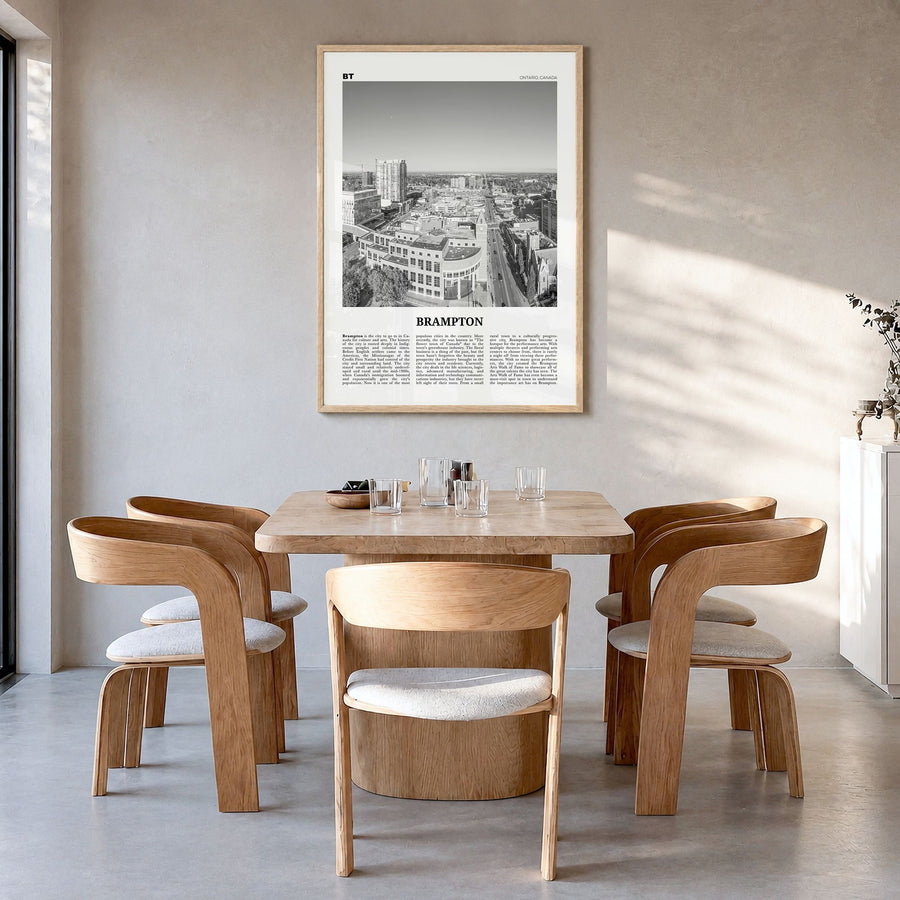 Brampton Newspaper Poster in a natural wood frame, hanging in a dining room