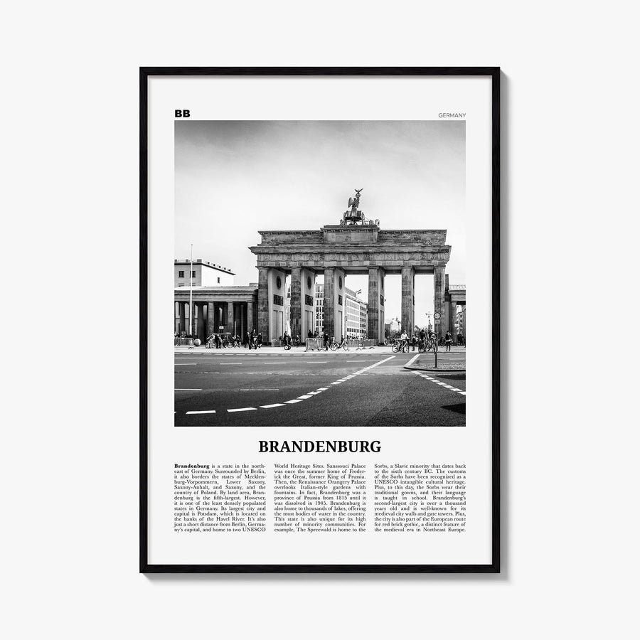 Brandenburg black & white newspaper poster of Germany – vertical wall art, unframed print shown in interior mockup