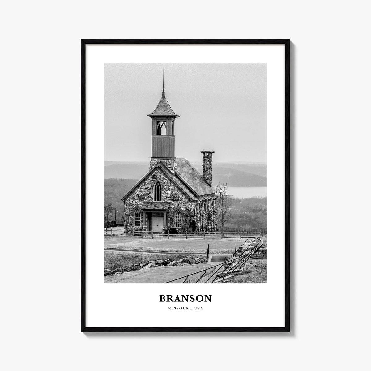 Branson black & white classic poster of Missouri, USA – vertical wall art, unframed print shown in interior mockup