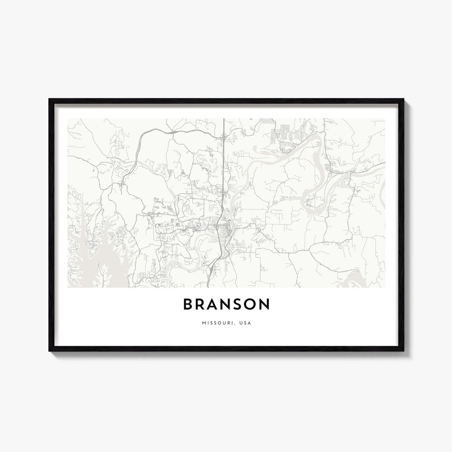 Branson black & white map poster of Missouri, USA – horizontal wall art, unframed print shown in interior mockup