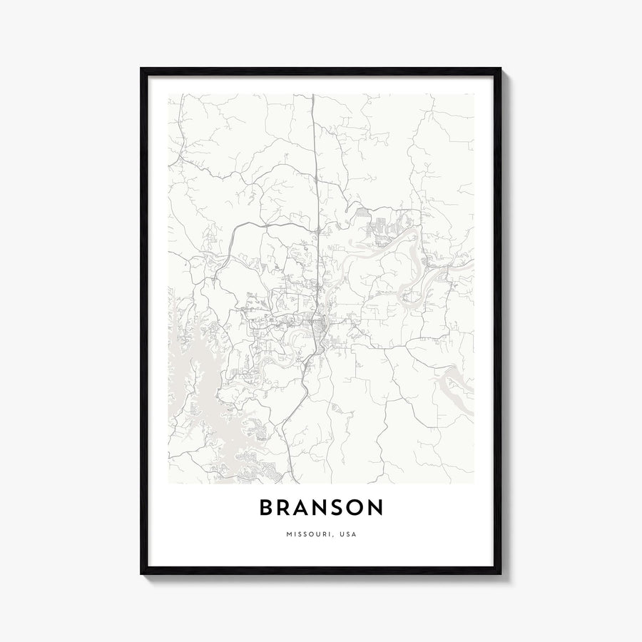 Branson black & white map poster of Missouri, USA – vertical wall art, unframed print shown in interior mockup