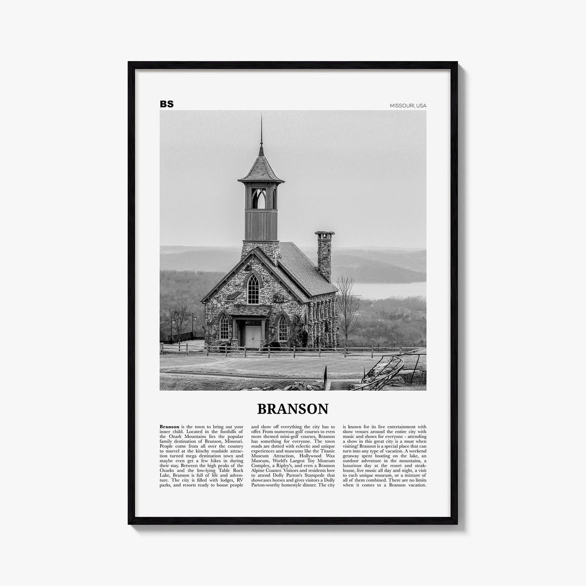 Branson black & white newspaper poster of Missouri, USA – vertical wall art, unframed print shown in interior mockup