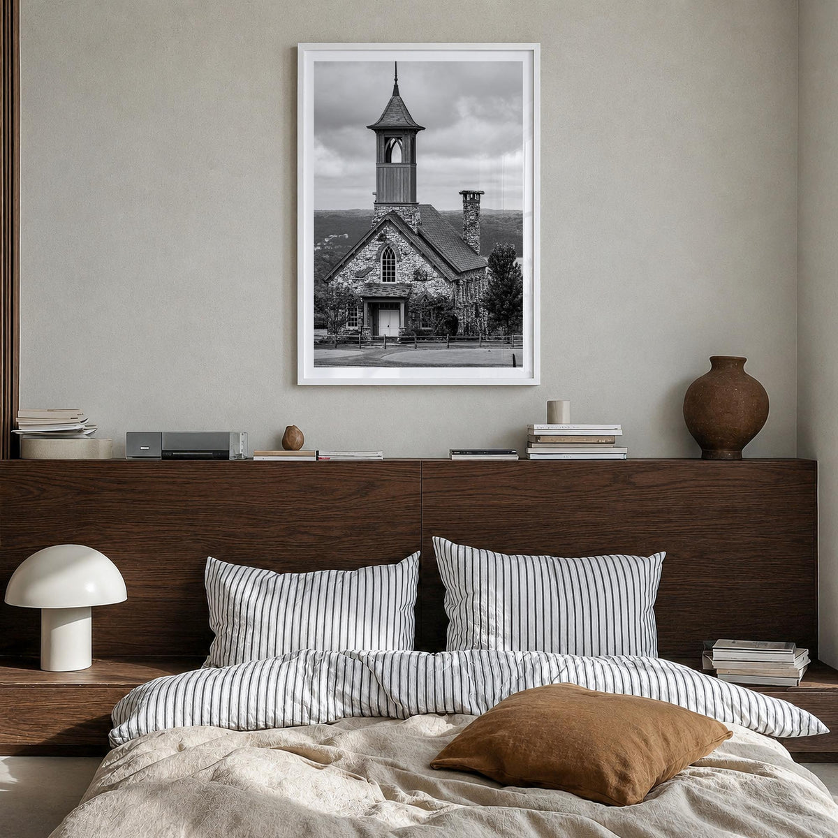 Branson black & white photo poster of Missouri, USA – vertical wall art in white wood frame with white border, hanging on wal